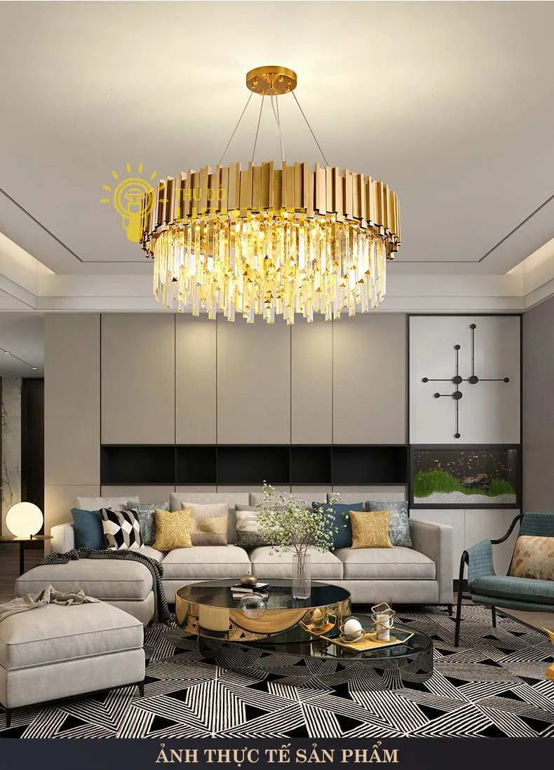 Đèn chùm pha lê dạng tròn tinh tế phù hợp cho không gian nội thất phòng khách căn hộ chung cư