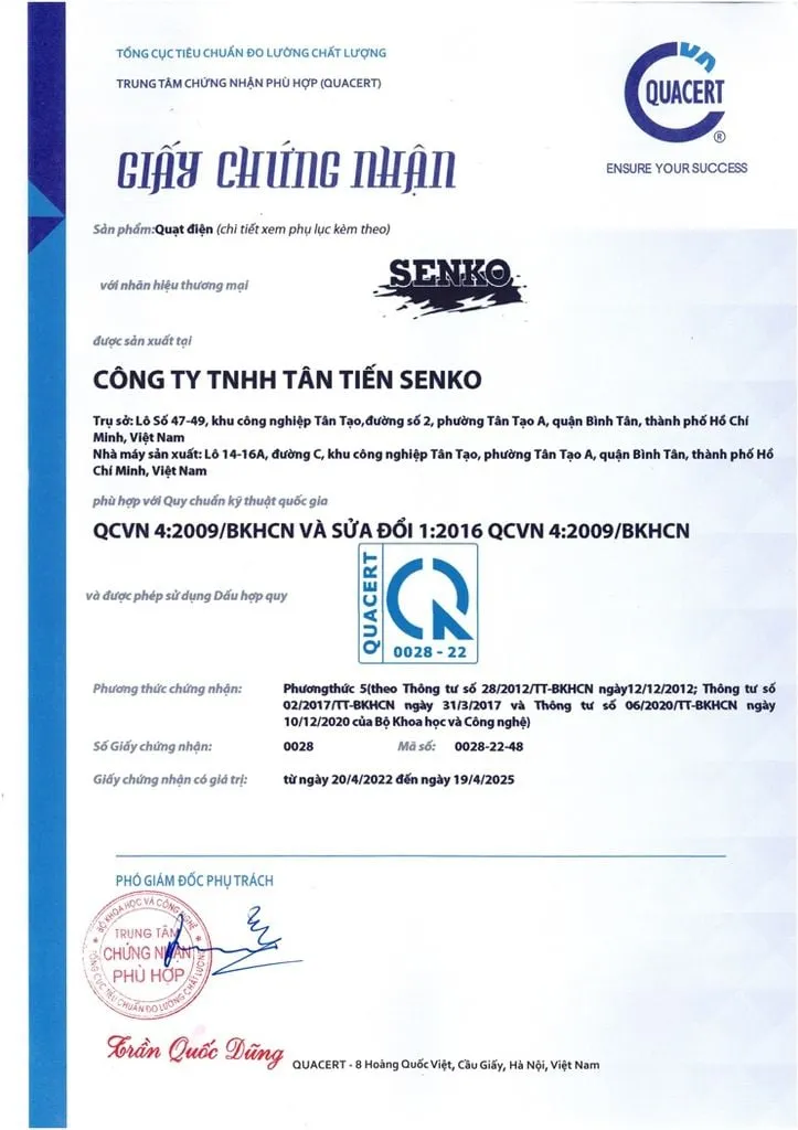 Chứng nhận phù hợp quy chuẩn kỹ thuật quốc gia của quạt Senko