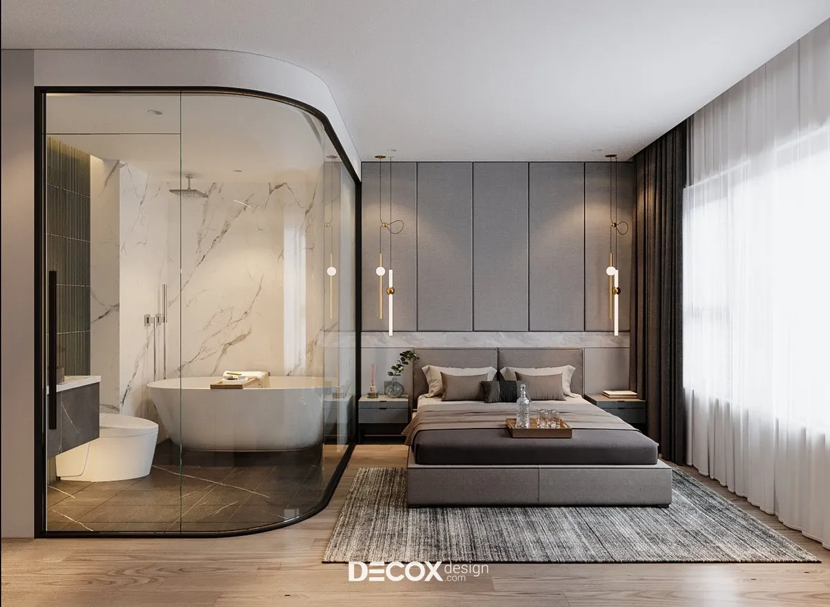 Phòng ngủ Master sử dụng chất liệu gỗ làm chủ đạo kết hợp vách ngăn thông minh