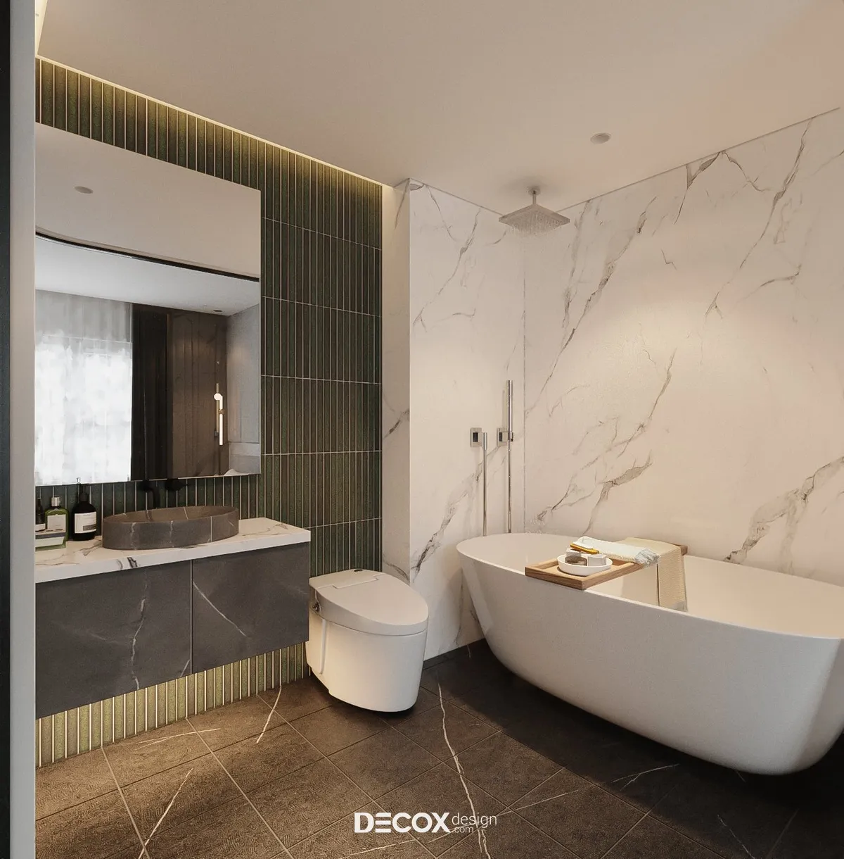 Bố trí phòng tắm kính sang trọng bên trong phòng ngủ Master hiện đại