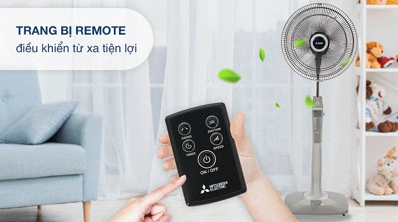 Mô tả quạt đứng Mitsubishi Electric mã LV16-RA màu xám bạc với bảng điều khiển điện tử và nút bấm hiện đại