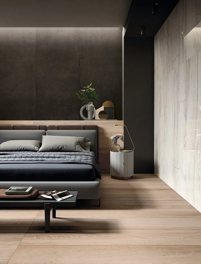 Không gian phòng ngủ hiện đại sử dụng gạch vân bê tông phong cách Industrial