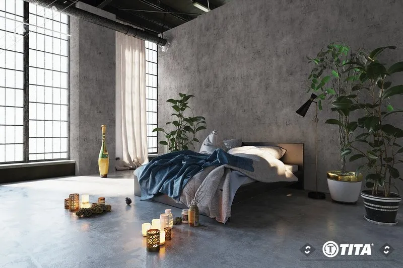 Mẫu giấy dán tường màu xám xi măng tạo phong cách tối giản cho phòng ngủ hiện đại