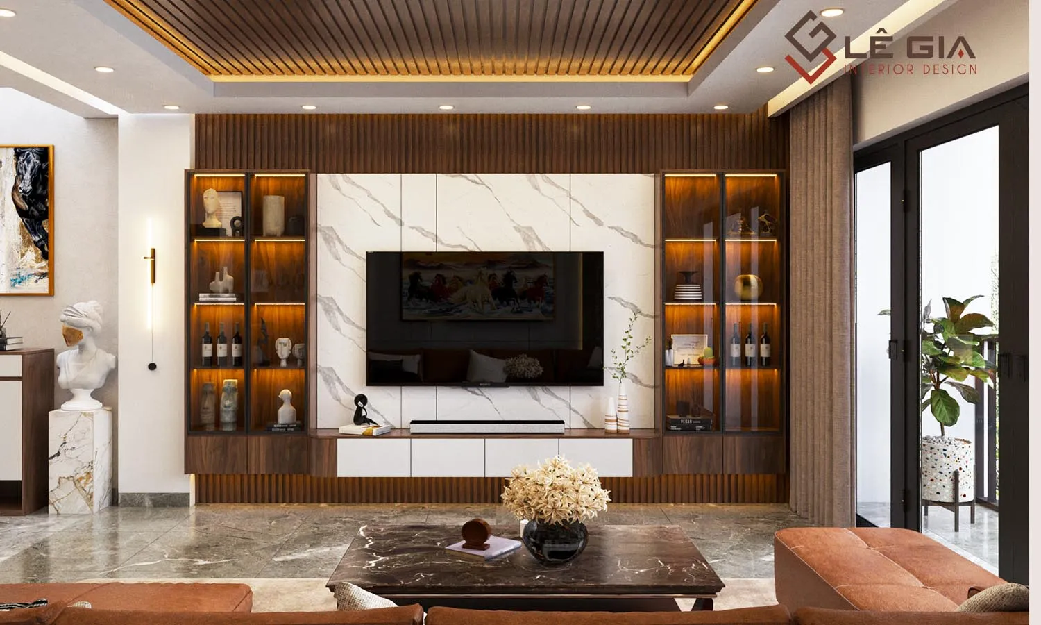Mẫu vách tivi tông màu trầm đẳng cấp dành cho không gian hiện đại