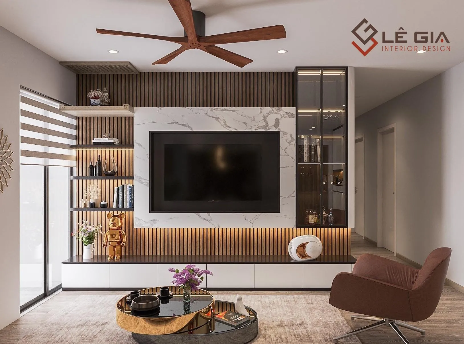 Vách tivi phong cách tối giản với sự phối hợp màu sắc tinh tế