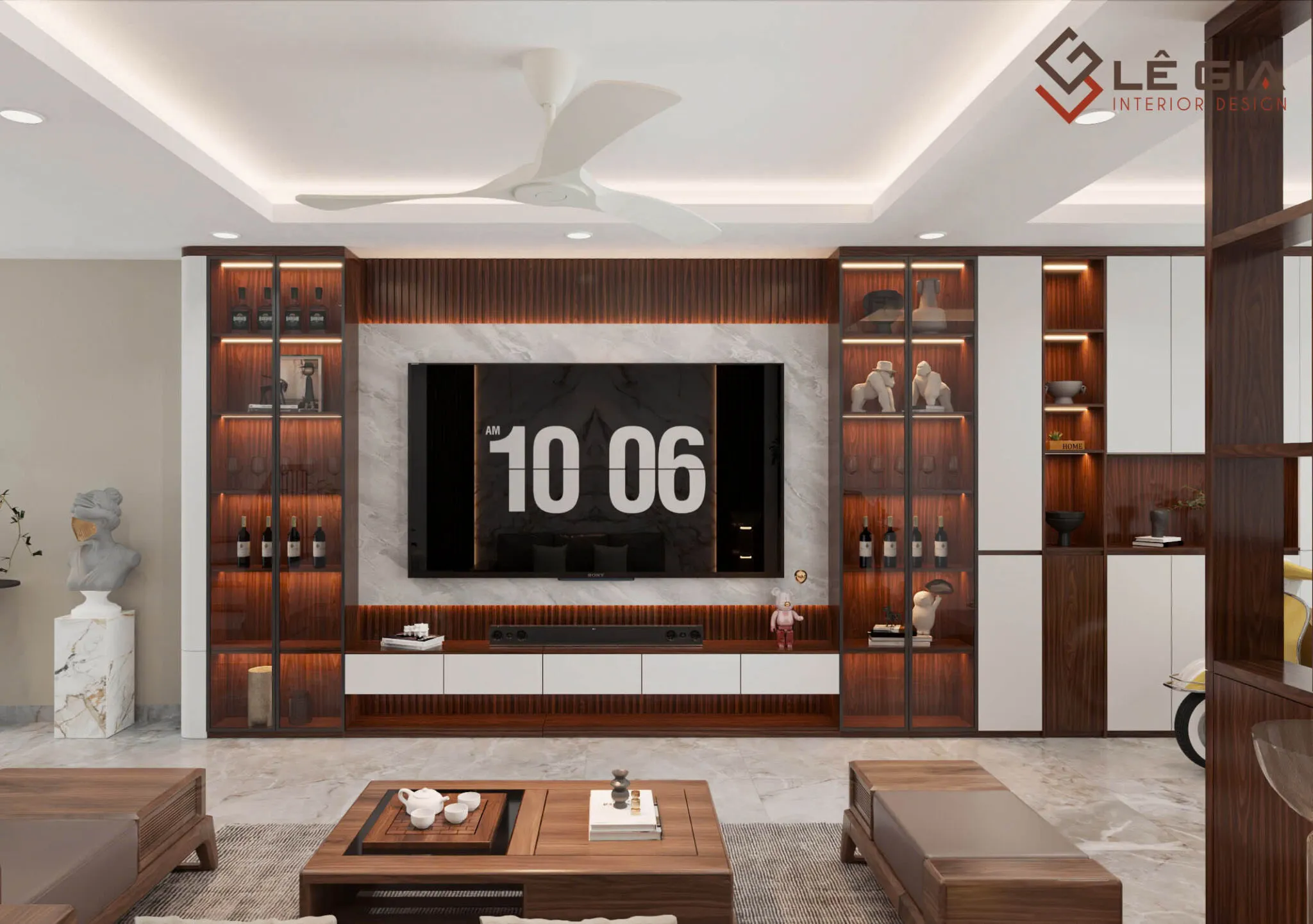 Tuyệt phẩm vách tivi kết hợp tủ trang trí kịch trần đầy cuốn hút