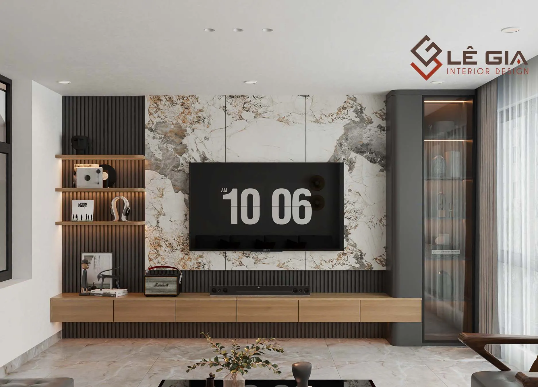 Kệ tivi gỗ công nghiệp thiết kế phẳng hiện đại với tông màu trung tính