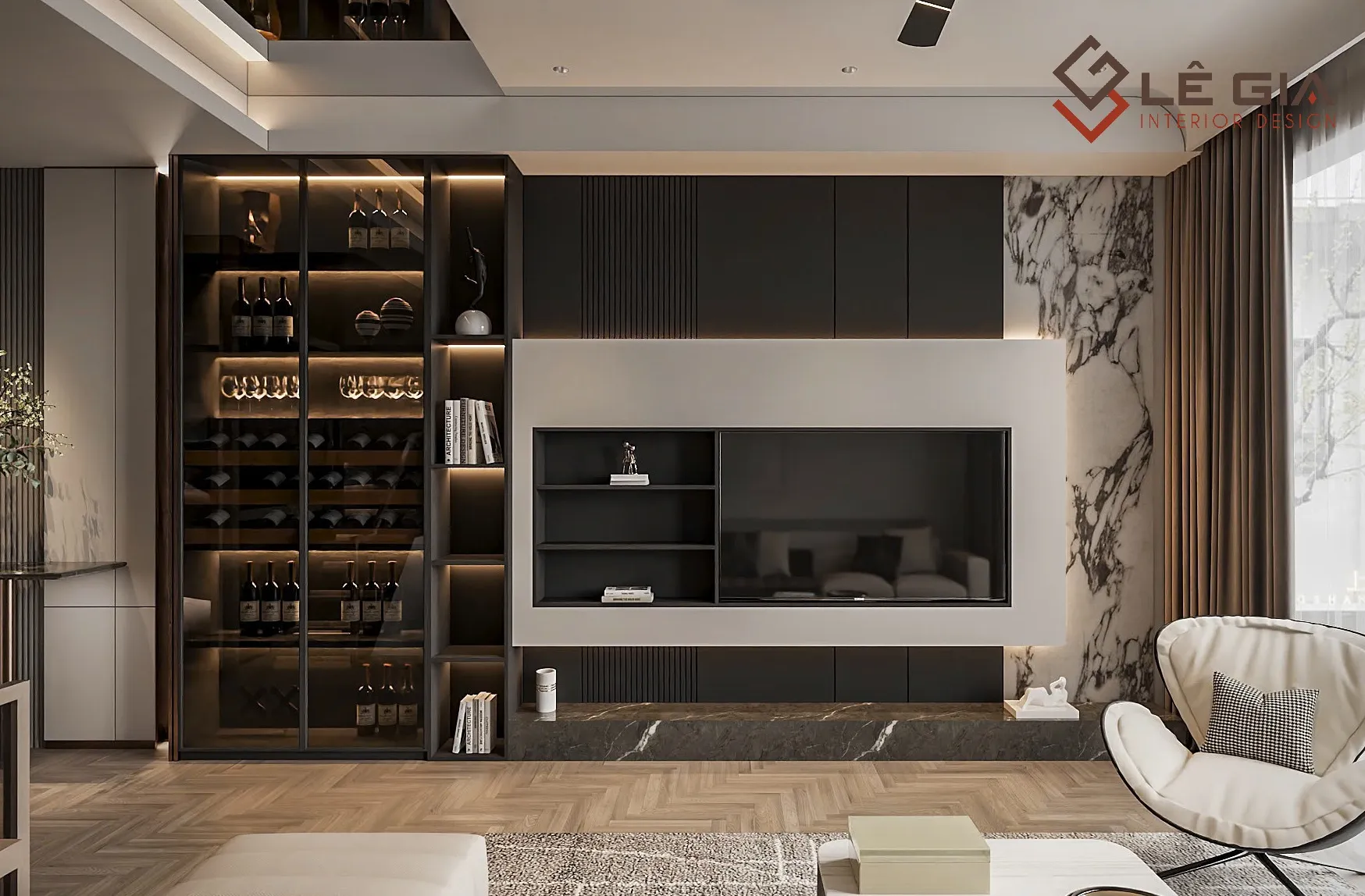 Mẫu kệ tivi kết hợp vách trang trí sang trọng cho phòng khách lớn