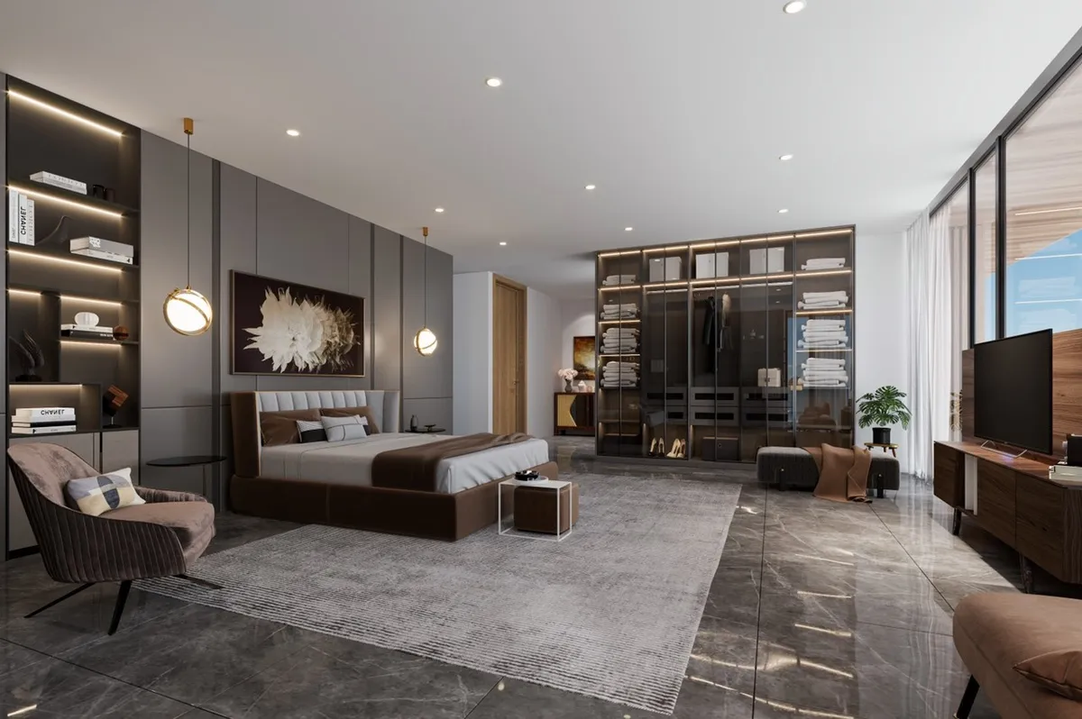 Mẫu thiết kế phòng ngủ phong cách Á Đông đương đại với vách đầu giường nghệ thuật