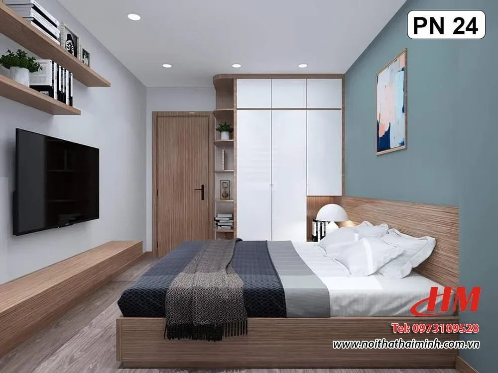 Phòng ngủ phong cách hiện đại với giường gỗ và ánh sáng tự nhiên tinh tế