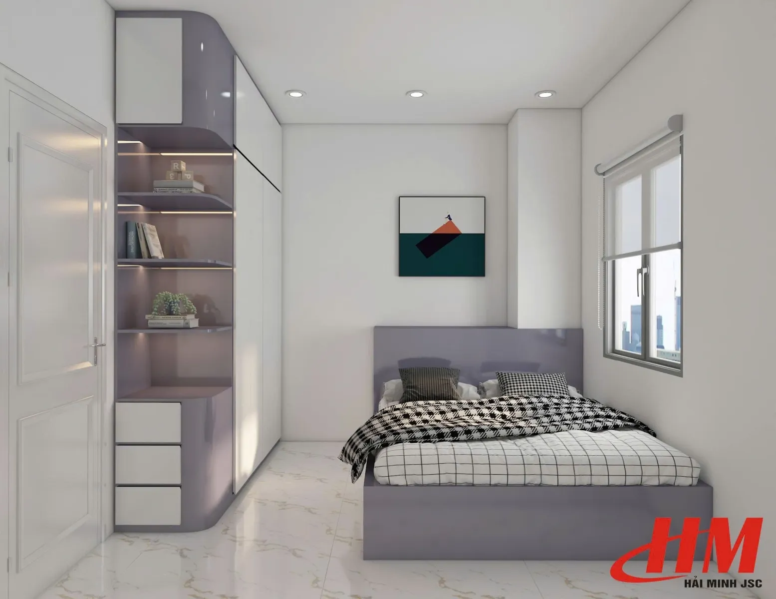 Mẫu phòng ngủ nhựa cao cấp màu xám trung tính cho căn hộ diện tích nhỏ