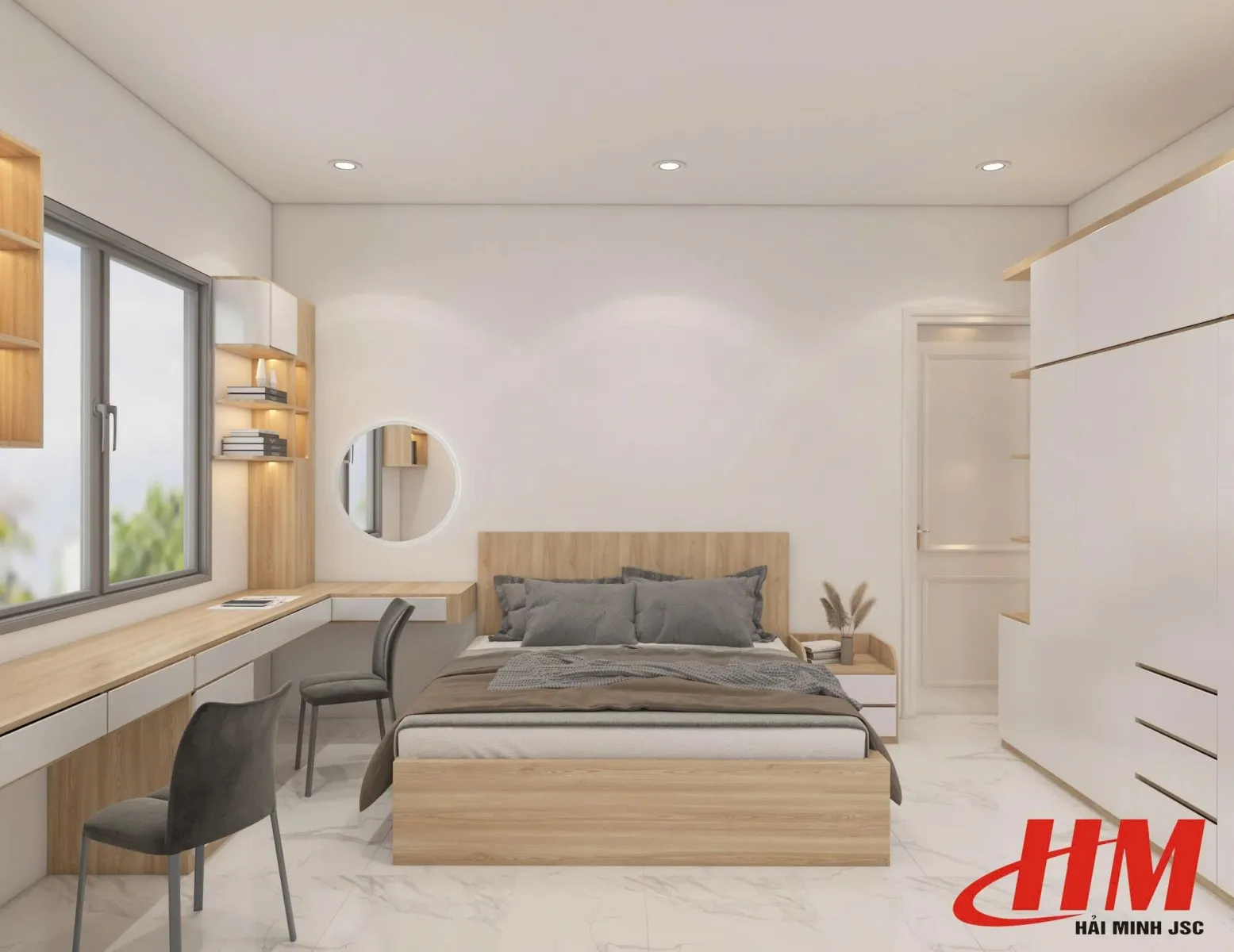 Giường ngủ vân gỗ hiện đại kết hợp tủ kệ âm tường tinh gọn