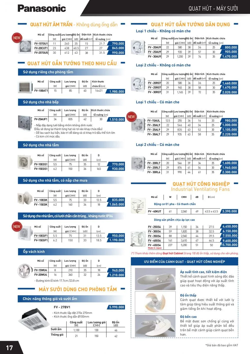 Bảng thông số kỹ thuật và báo giá các dòng quạt hút Panasonic 2026