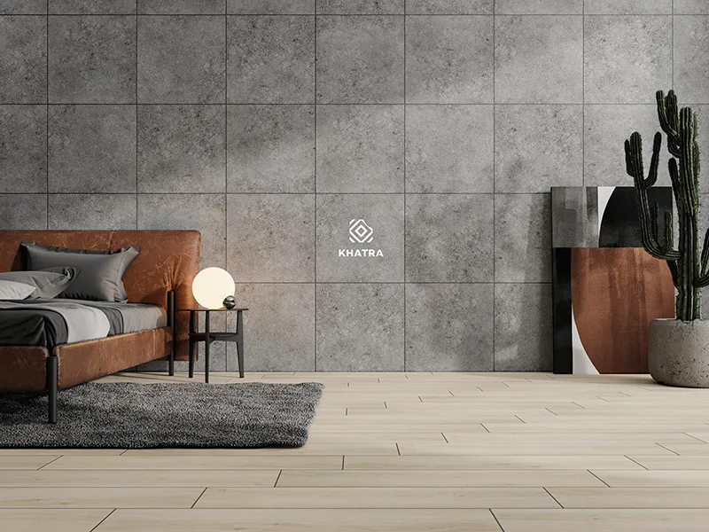 Phối gạch Granite vân đá sang trọng và gạch giả gỗ lát nền cho phòng ngủ