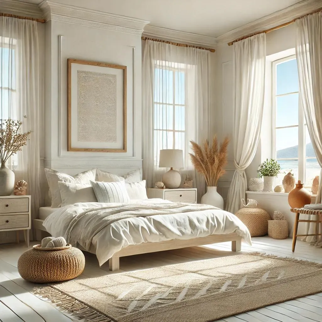 Không gian ngủ phong cách Địa Trung Hải với các đường vòm và tường trắng thô