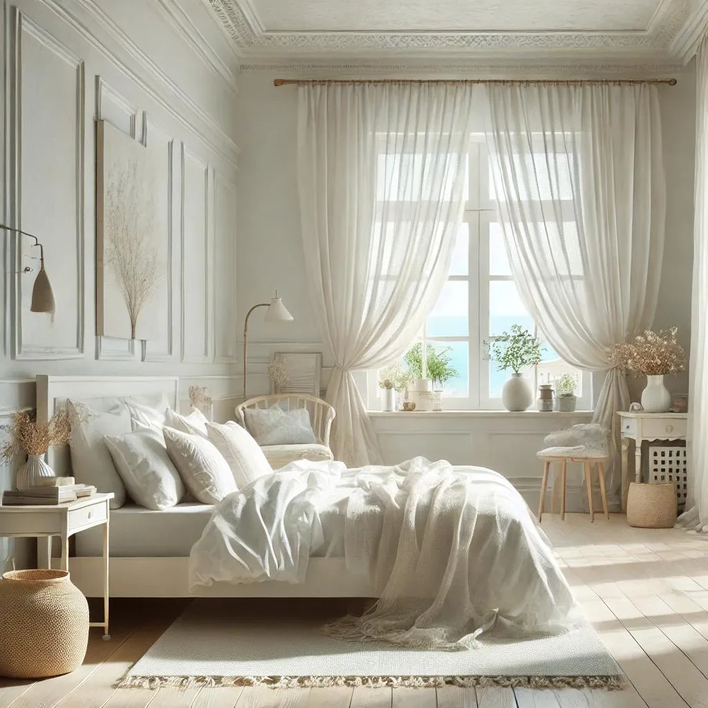 Sử dụng vật liệu tự nhiên như gỗ và vải linen cho phòng ngủ trắng thêm ấm áp