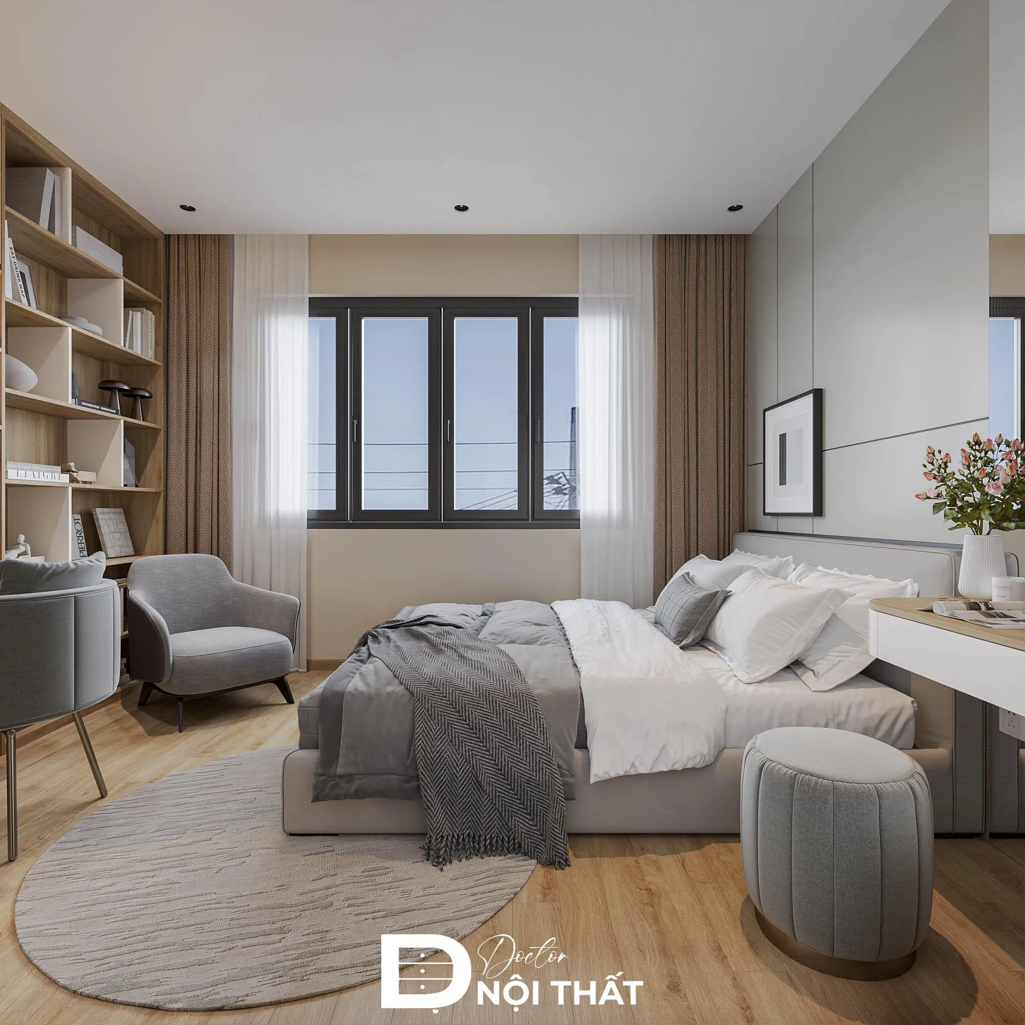 Không gian ngủ hiện đại với tường sơn trắng và nội thất đồng bộ tinh tế