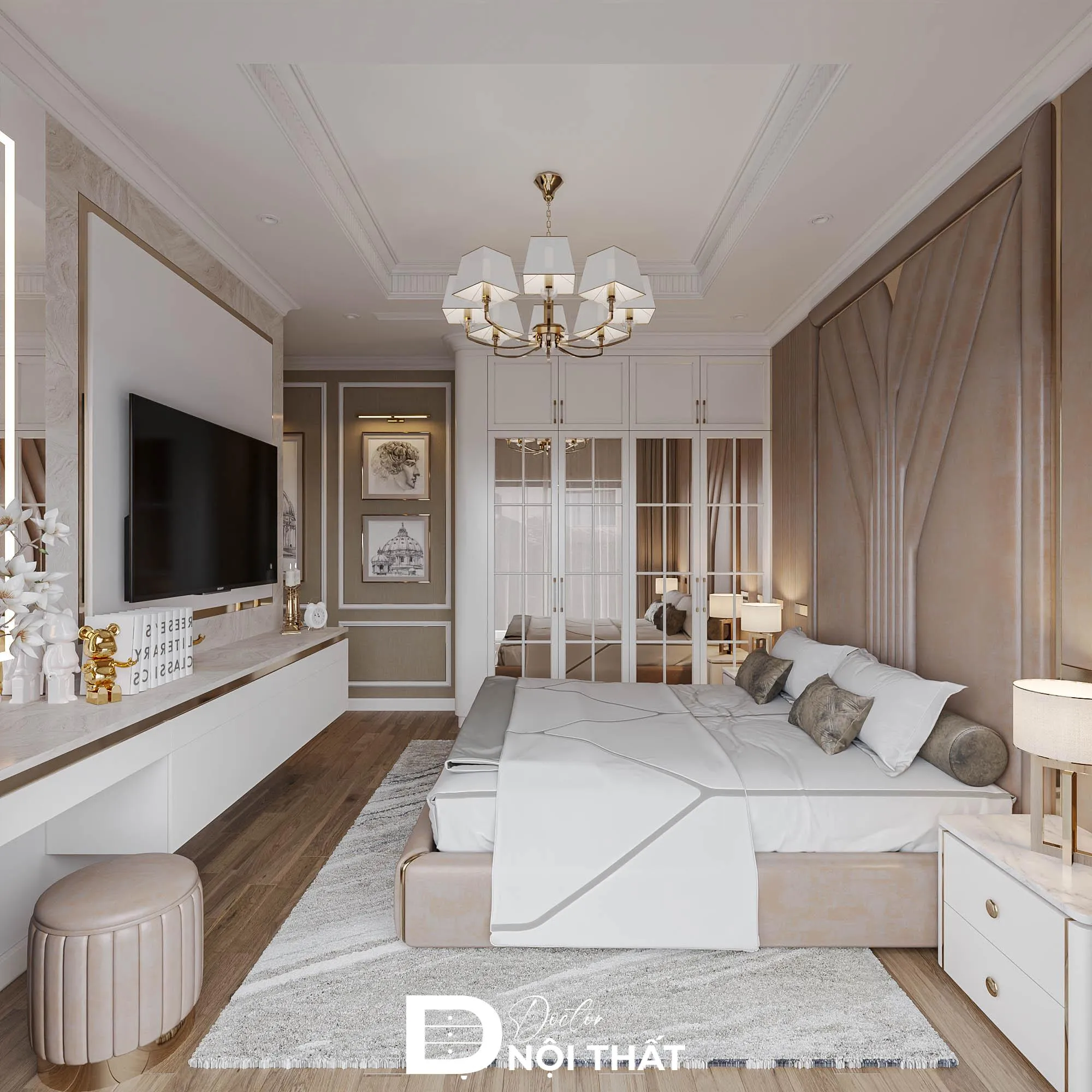 Phòng ngủ trắng Tân cổ điển với điểm nhấn từ bộ chăn ga gối nệm cao cấp