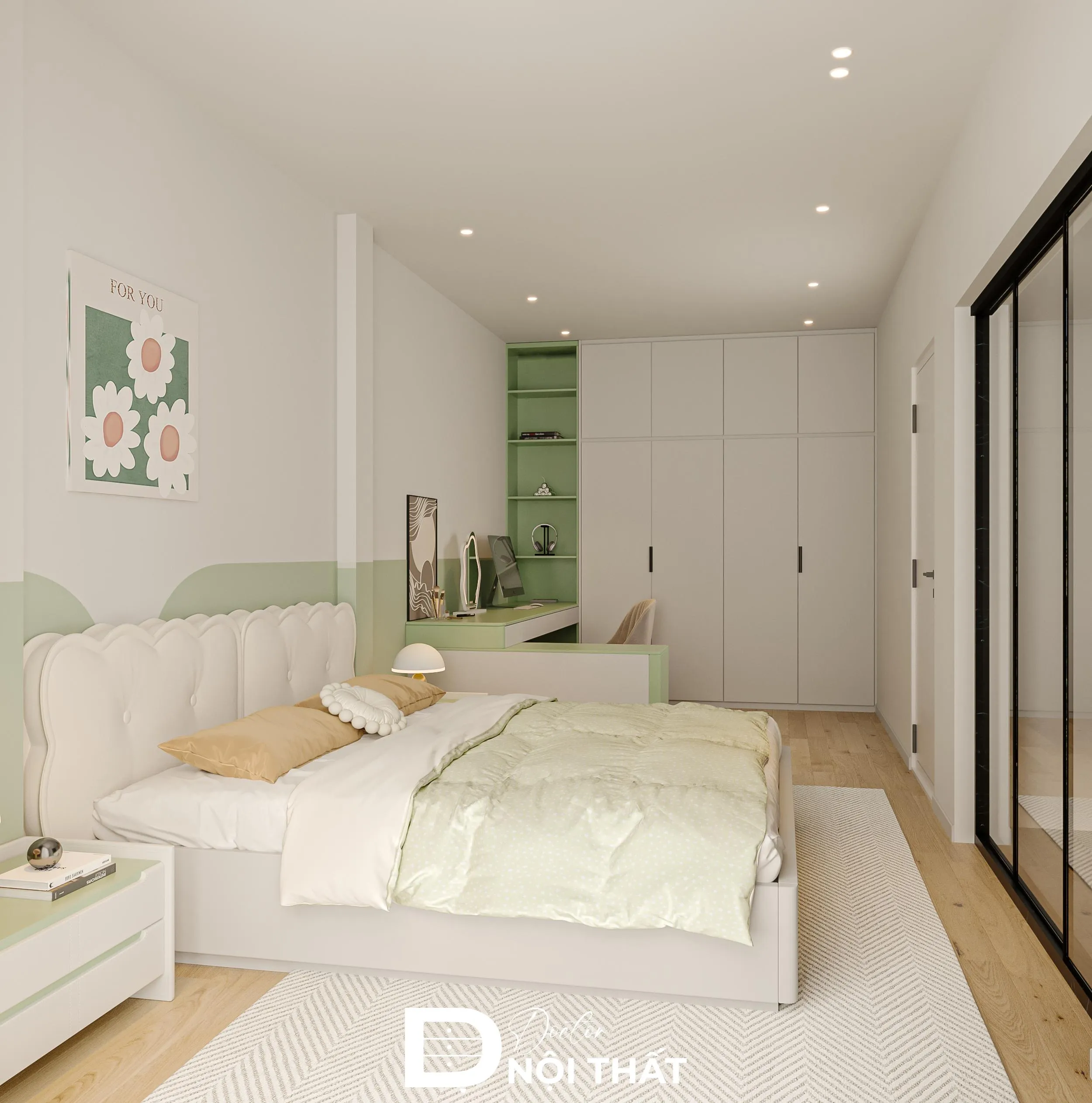 Thiết kế phòng ngủ màu trắng sữa tạo cảm giác không gian rộng mở và thoáng đãng