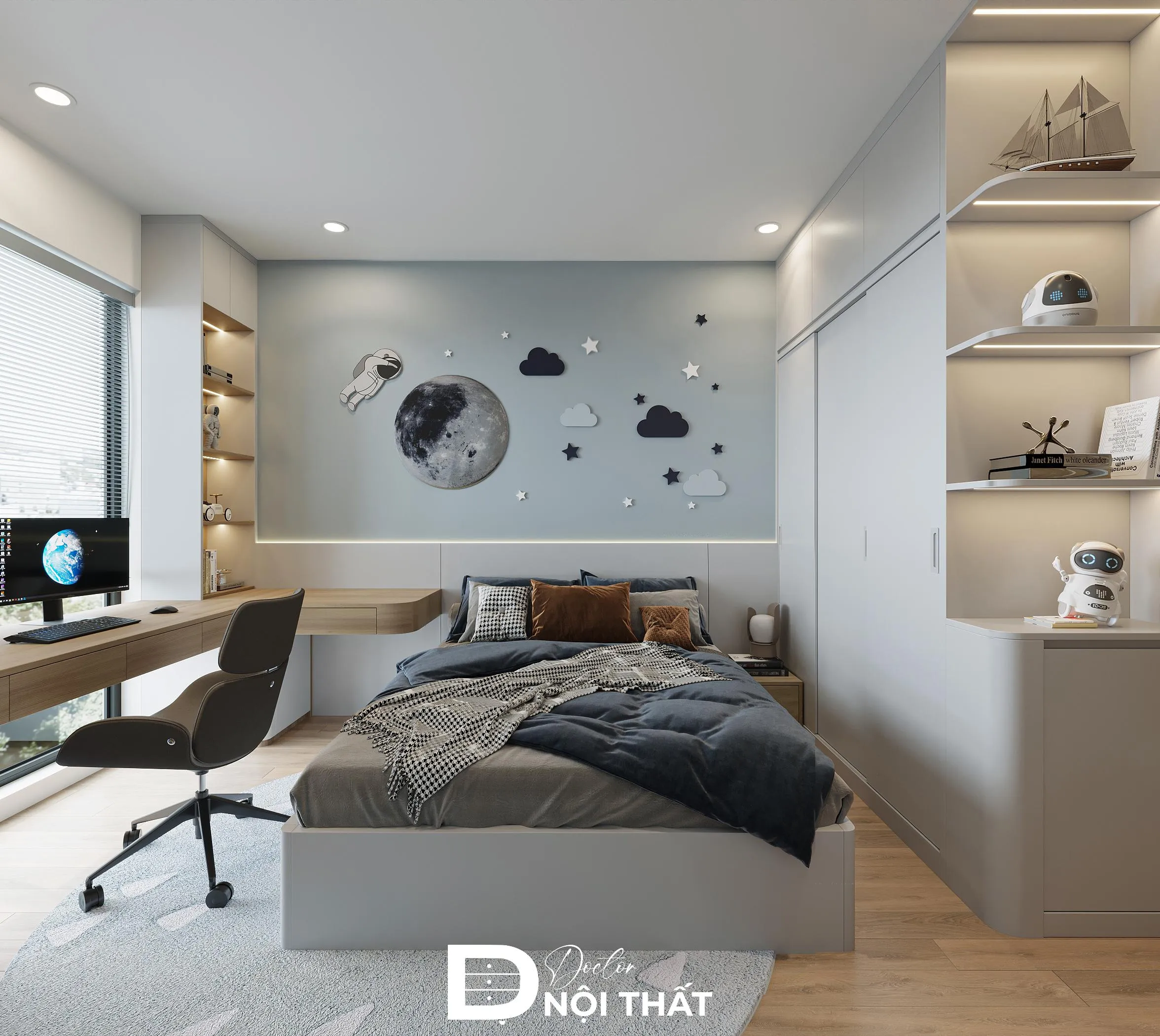 Phòng ngủ trắng phong cách hiện đại tích hợp hệ thống chiếu sáng thông minh