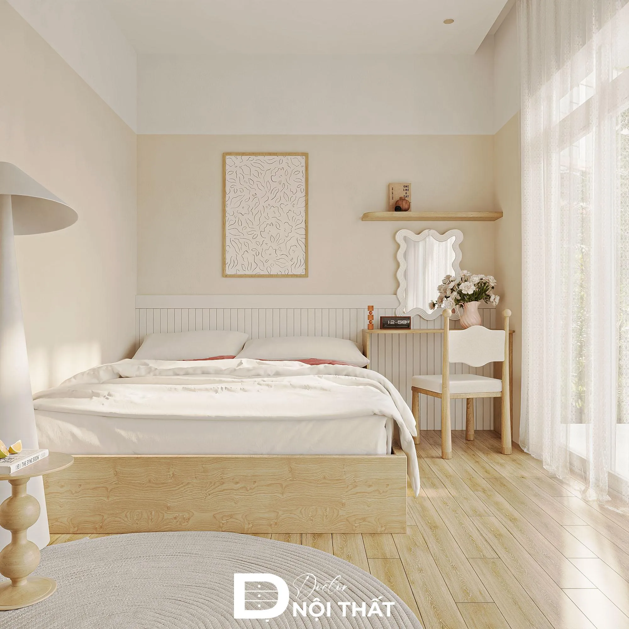 Hệ thống nội thất gỗ sáng màu hài hòa trong không gian phòng ngủ trắng