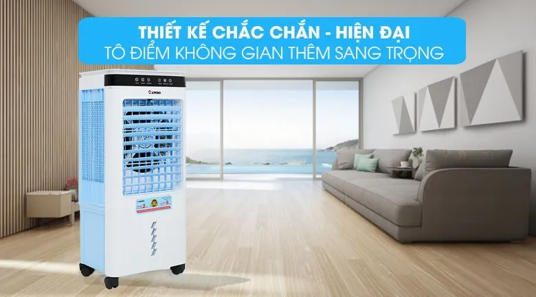 Thiết kế hiện đại của máy làm mát bằng hơi nước đặt trong không gian phòng khách gia đình