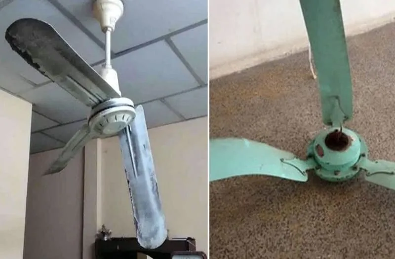 Các linh kiện quạt trần cũ kỹ bị rỉ sét và biến dạng hoàn toàn