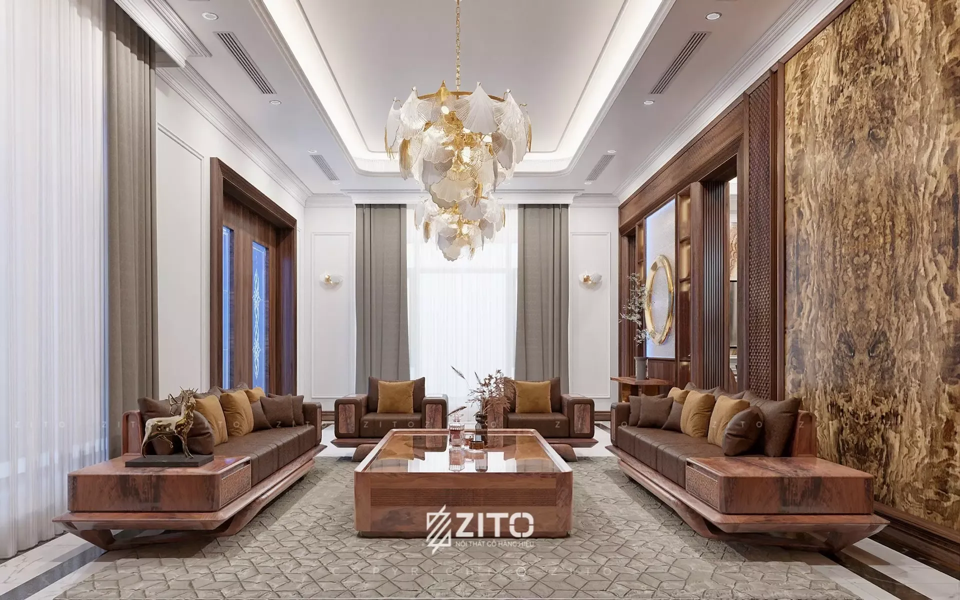 Sofa gỗ chữ U ZG 188 kích thước đại cho phòng khách rộng lớn