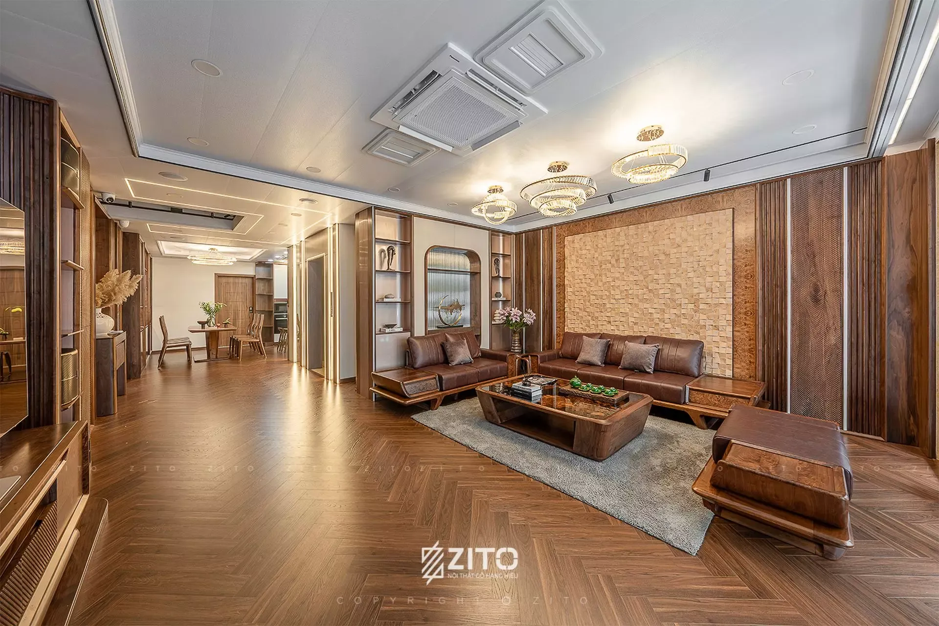 Bộ sofa gỗ tự nhiên sang trọng dành cho phòng khách biệt thự với gam màu nâu sẫm ấm áp