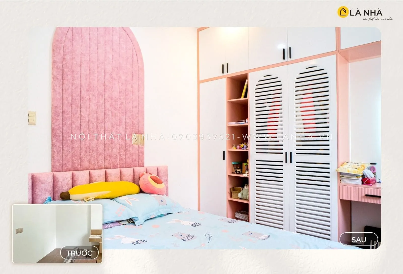 Mẫu thiết kế nội thất phòng gnur tone màu trắng hồng bánh bèo