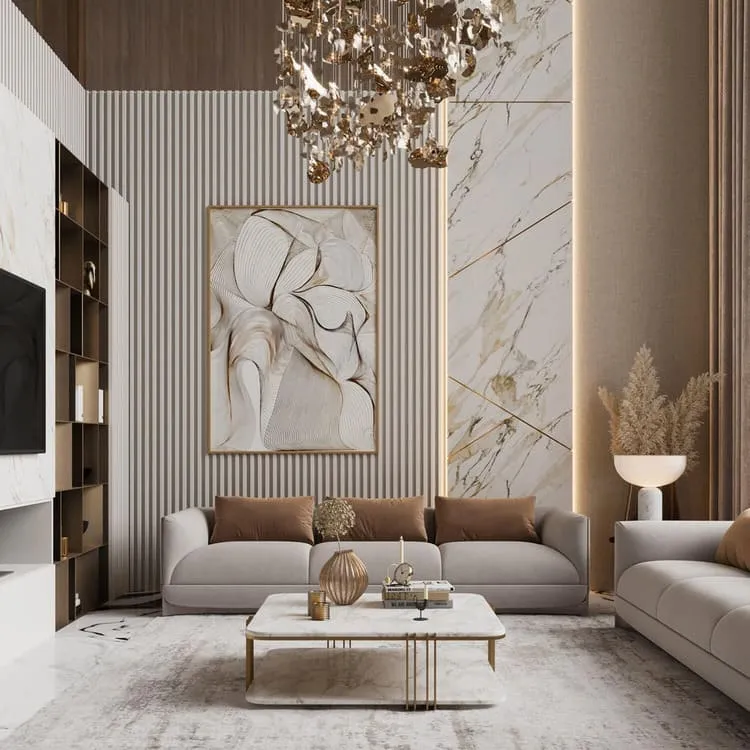 Sự kết hợp giữa kệ lưu trữ và hệ tường tối giản trong căn hộ chung cư