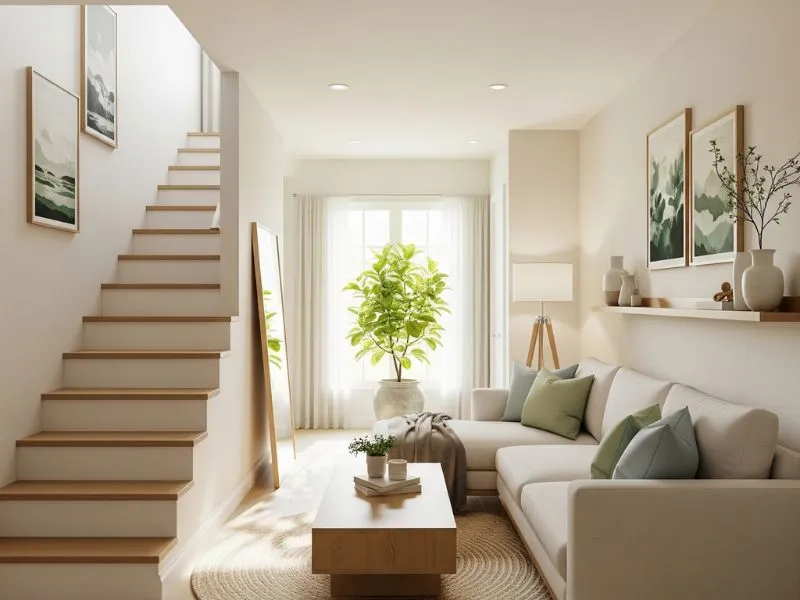 Phòng khách nhà ống thanh bình với cầu thang được thiết kế theo các nguyên tắc phong thủy
