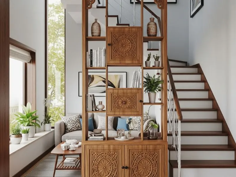 Hệ kệ tủ trang trí bằng gỗ tinh tế vừa làm vách ngăn vừa tăng không gian lưu trữ
