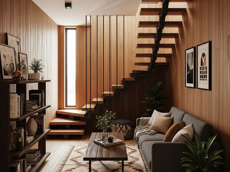 Mảng tường ốp gỗ sang trọng tạo điểm nhấn ấm cúng cho khu vực cầu thang