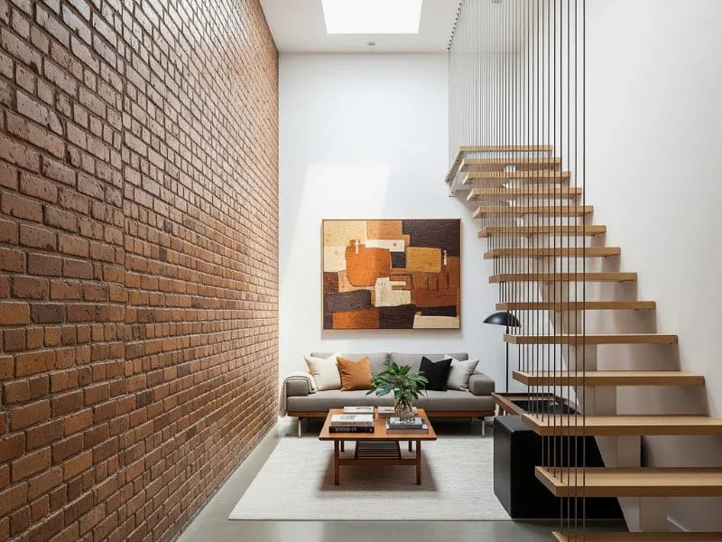 Cầu thang dây cáp hiện đại kết hợp bậc gỗ sảnh mở tạo cảm giác thoáng đãng