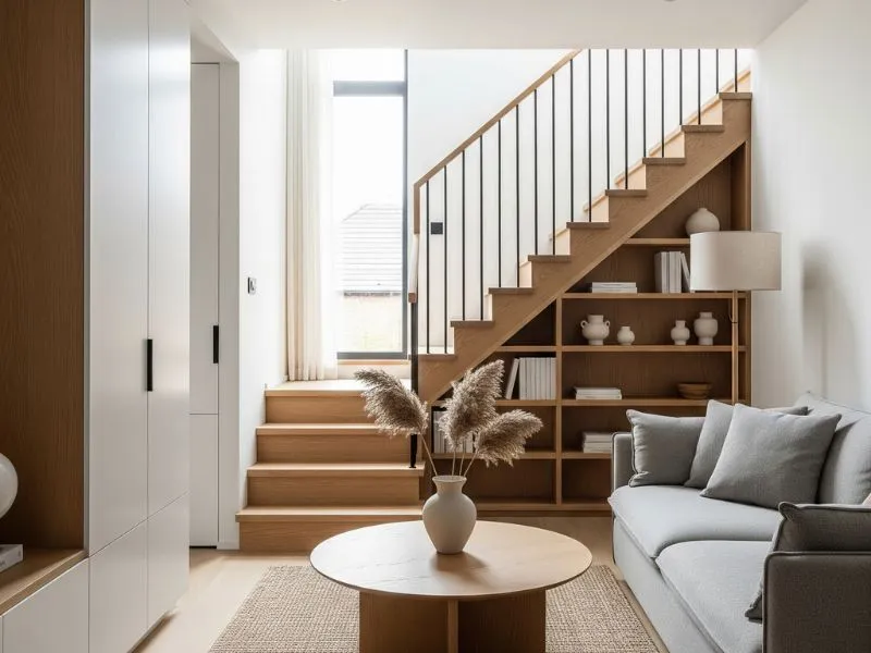 Không gian nội thất phòng khách Japandi với cầu thang thanh lịch và gọn gàng