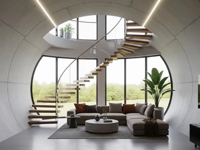 Thiết kế nội thất phòng khách hiện đại sang trọng với các đường cong bê tông độc đáo