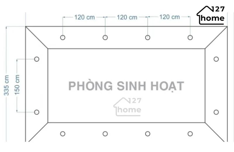 Sơ đồ bố trí đèn LED âm trần phòng khách